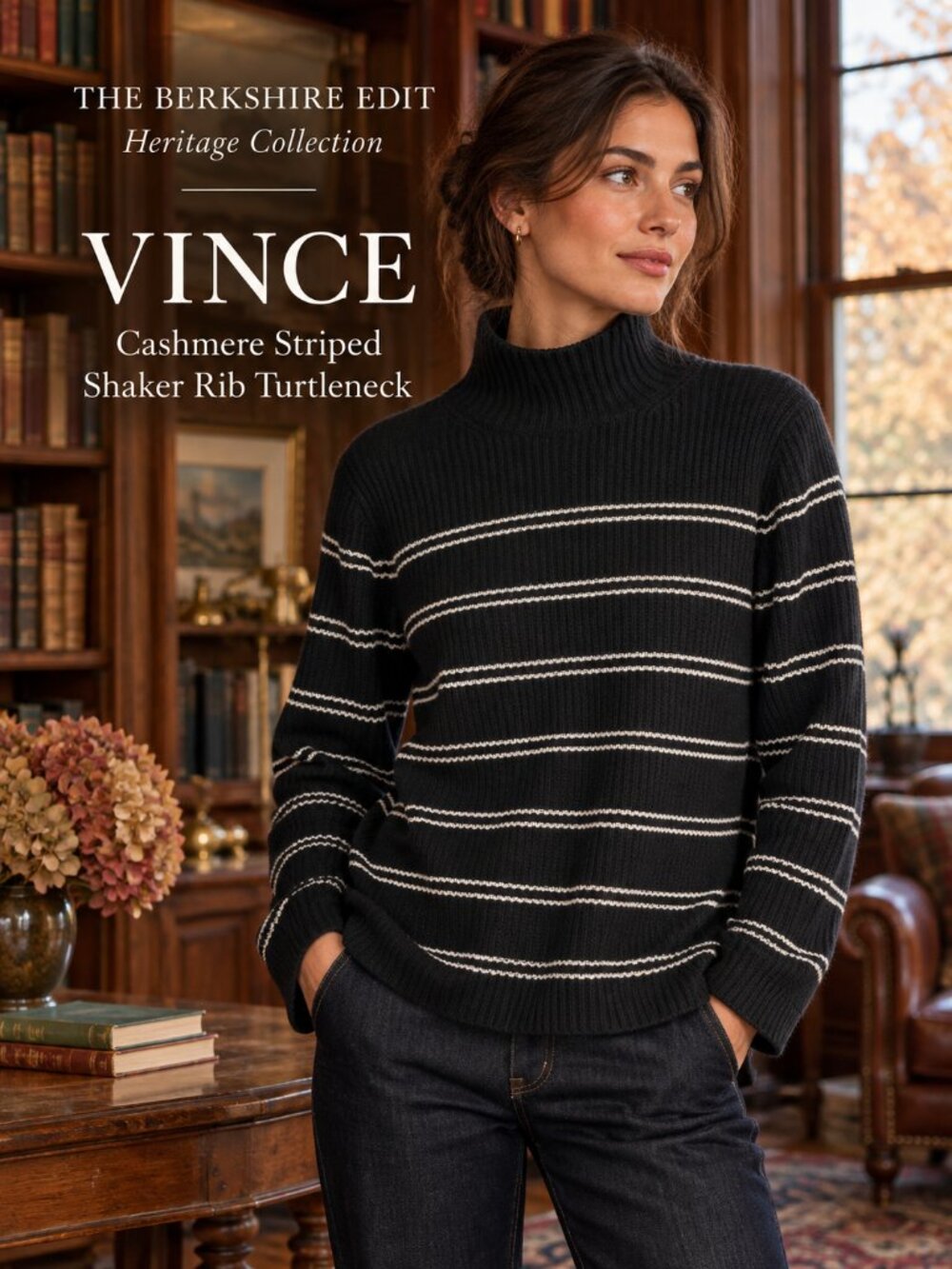 Vince 100% Cashmere Striped Ribbed Mock Neck Sweater Black Ivory Medium